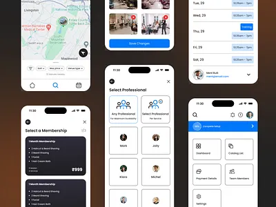 Beauty App Mobile UI – Memberships, Professional Selection, Maps mobile app mobile app design salon management ui ui design ui ux user interface ux ux research