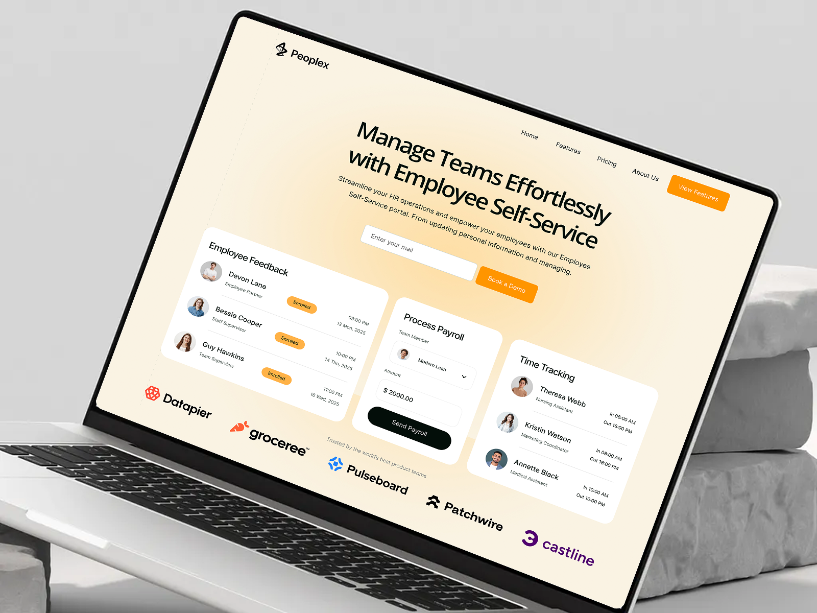 Employee Database & Self Service appli attendamce customizable reporting dashboard data managenment design employee self service employee website global hris platform global payroll hris landing page management ui uiux design web design website
