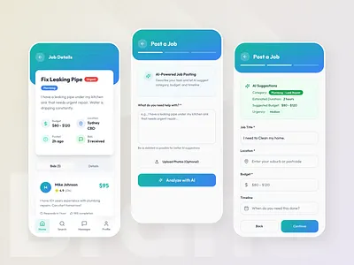 Service Marketplace App – Job Posting & Bidding UI app design bidding app clean ui contractor app freelance app home service job app job marketplace marketplace mobile app ui modern ui on demand service provider app service booking service hiring service marketplace task app ui design ux design