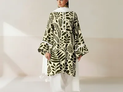 Artisanal Revival: Handcrafted Leaf Motif Ensemble botanicalillustration colorpalette culturalattire designinspiration embroiderydesign ethnictextiles fashiondesign fashionphotography kashmiriembroidery olivegreenandbeige printdesign stylingproject surfacepattern textiledesign visualdesign