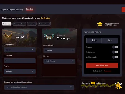 League Boosting Dashboard — Dark Gaming UI boosting ui dark ui dashboard ui gaming ui gaming website landing page league of legends marketplace ui uiux design web design