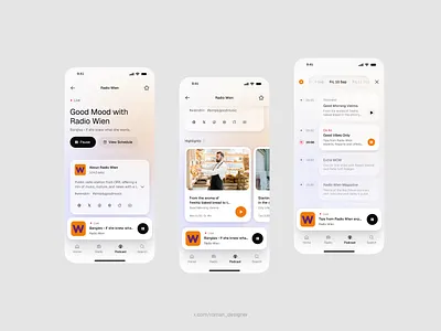 Podcasts audio carousel cta design explore interaction light media mobile player podcast radio ui ux white