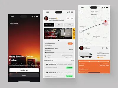 MoveXpress - Logistics App app design automobile cargo delivery app design figma interface logistics logistics app mobile mobileapp modern ui package delivery product design transport app ui ui design uiux uiux design ux