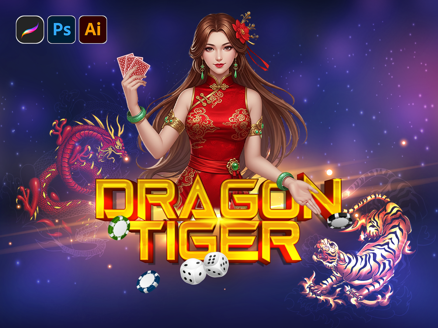 Dragon Tiger a Card Game | Casino Game 2d character design card game cards casino casino card game character character concept chinese chinese game concept art dealer dice dice game dragon tiger game concept game ui gameuiux mobile game playing cards