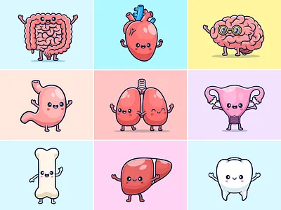 Cute Body Organs🧠🫀🫁 anathomy bladder body bone brain branding cute doodle flat heart icon illustration intestines kidneys liver logo lungs organs stomach teeth
