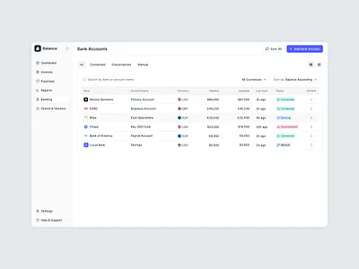 Bank Accounts Overview — Balance Financial App account app assets bank bank account banking budget clean figma financial fintech income invoice management payment platfrom saas table transaction ui