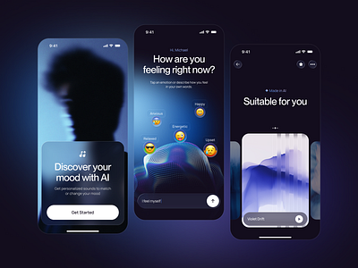 ✦ AI Mood Music App ai app app design art artificial intelligence dark glass graphic design minimal mood tracker music product design user interface ux