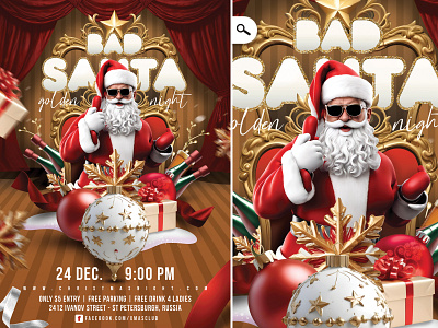 Bad Santa Golden Christmas Night Flyer bad santa boxing day christmas club drink entertainment eve evening event flyer holidays jingle bell night party promotional season special themed winter xmas