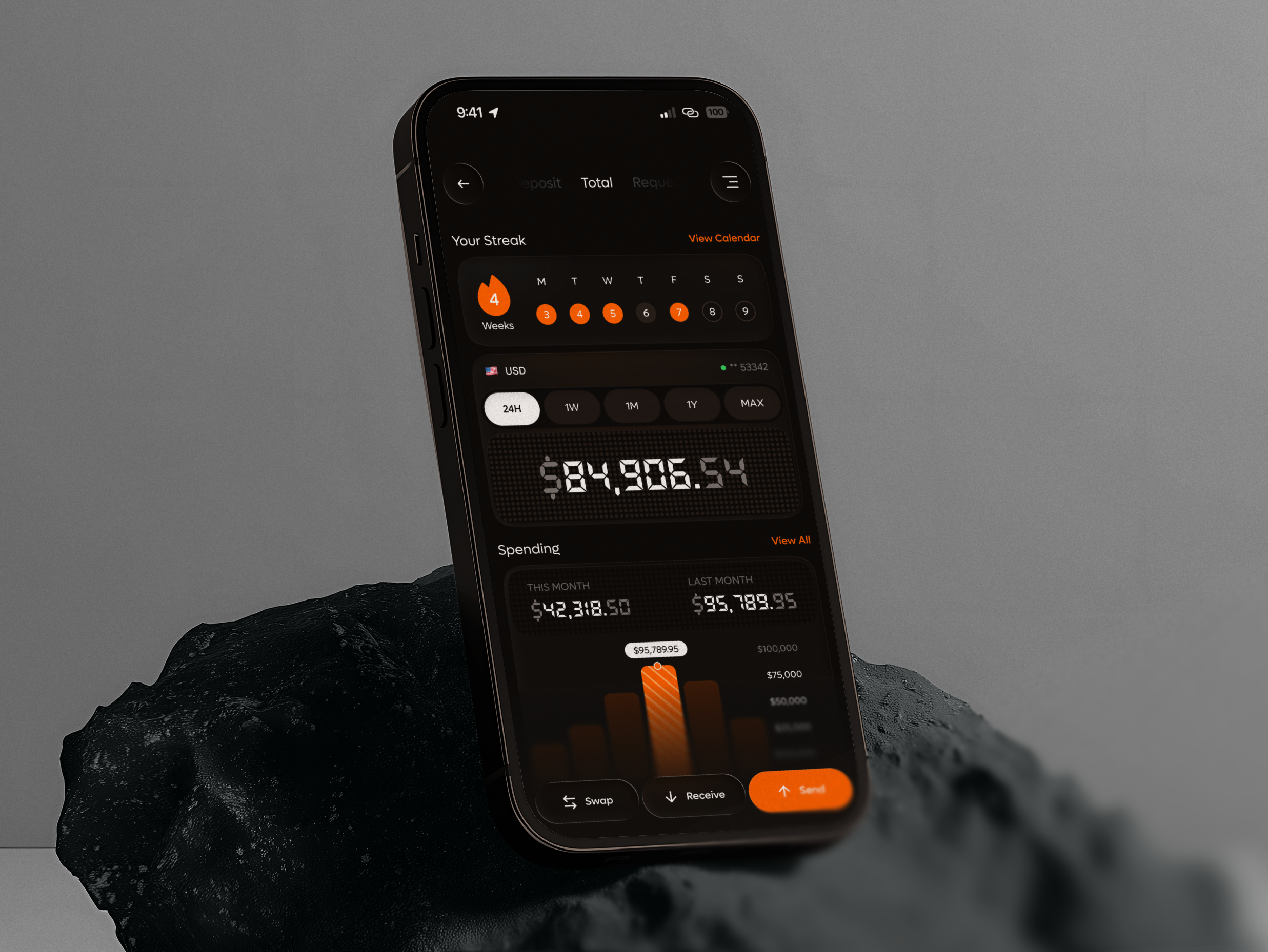 StreakPay App — Dark Finance Mobile UI Design blockchain crypto app crypto exchange crypto wallet dark mode data visualization digital banking finance fintech mobile app mobile ui neobanking online payment payments personal finance product design trading ui design ux wallet