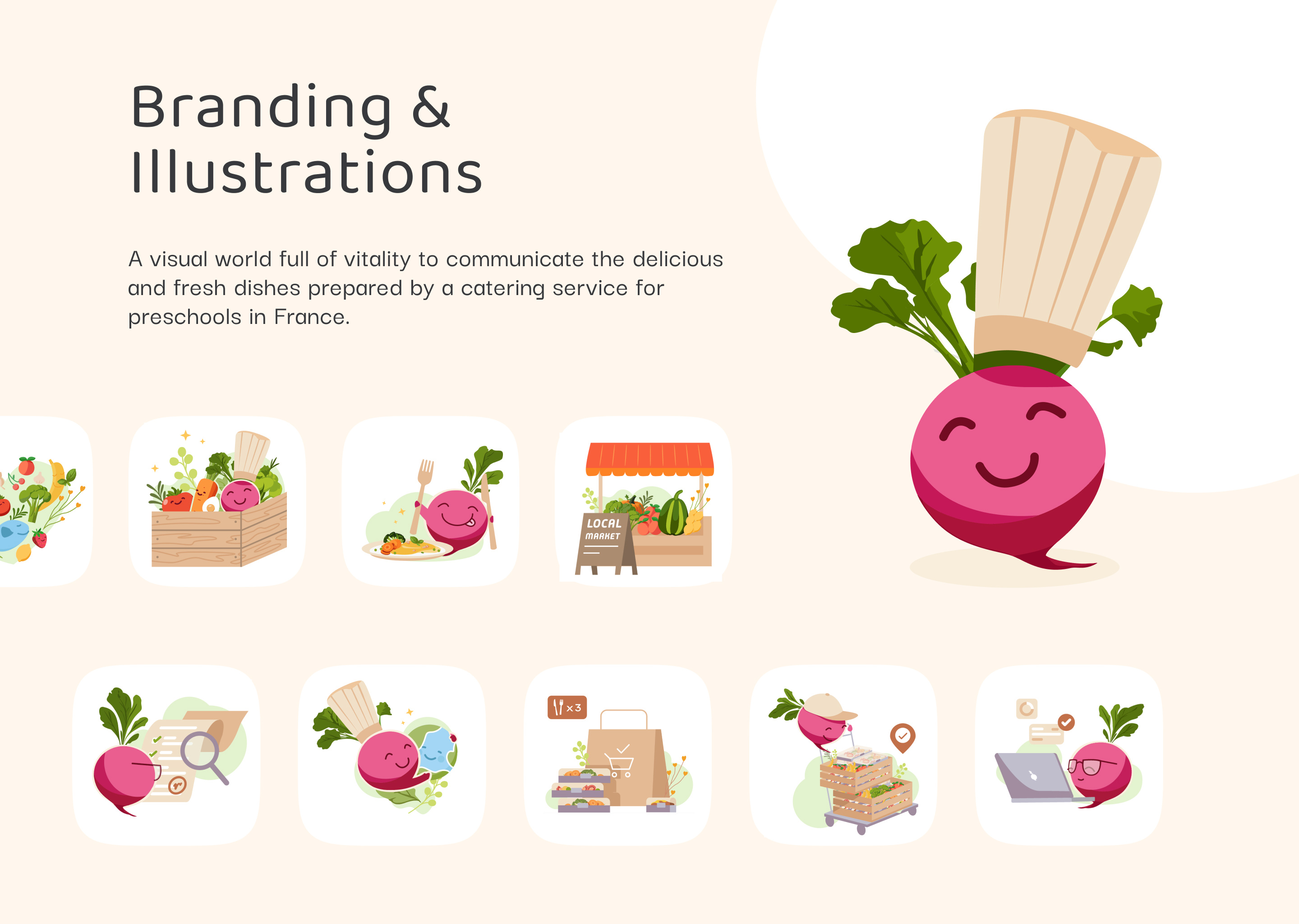 What if an identity had taste? Branding & Illustrations 3d beetroot branding cheer children cook cooking education graphic design illustration ingredient kids kitchen logo mascotte meal organic root school storytelling