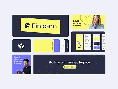 Finlearn Branding abstract f logo bento case study book icon concept brand exploration clean ui design creative logo direction education platform design finance growth symbol financial education logo finlearn branding futuristic identity geometric logo design geometric symbolism learning platform ui minimalist branding modern brand identity navy blue accent purple blue palette rhombus logo concept vibrant yellow palette