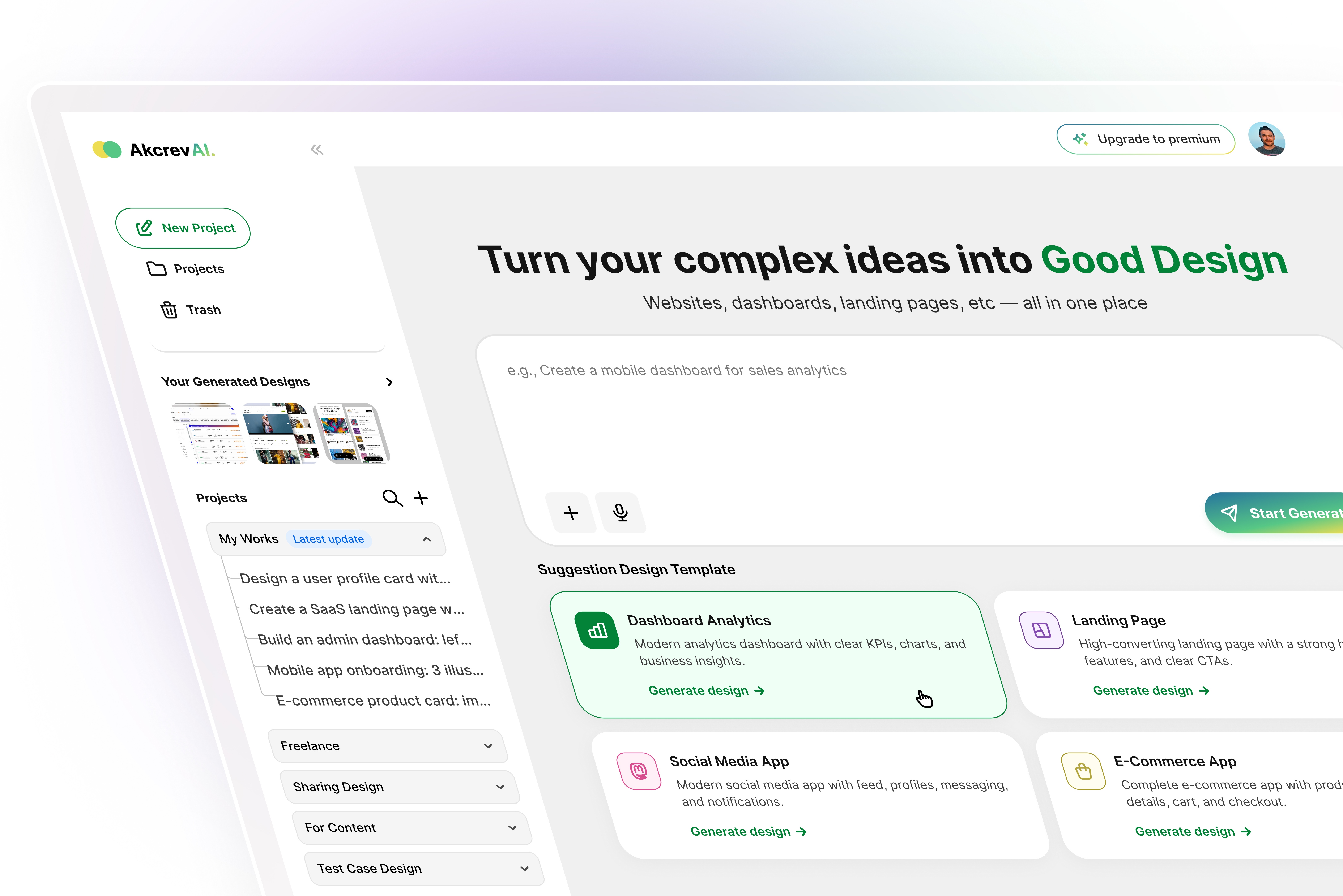 AkcrevAI - AI for Generate Design ai aigeneration aigenerator aitools aiwriter analysis artificialinteligence chatgpt clean content dekstop design gemini machinelearning minimalist open ai uidesign webdesign website