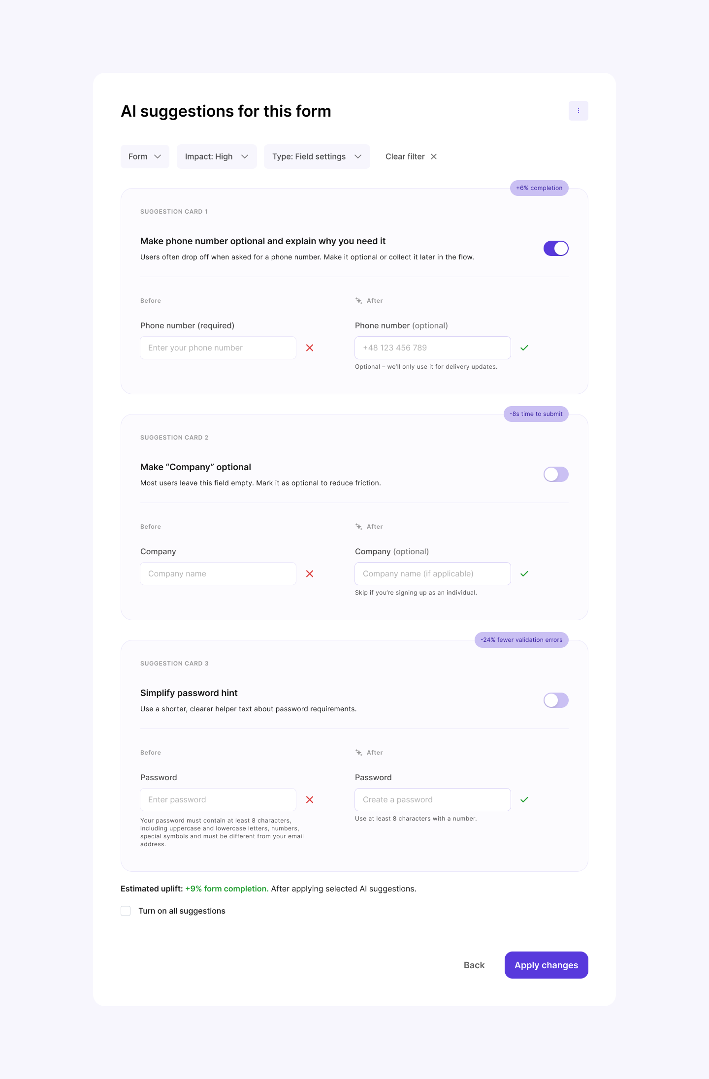 AI Suggestions for This Form ai cards clean ui conversion cro dashboard form design form optimization forms interaction design interface minimal product design saas ui ux web app