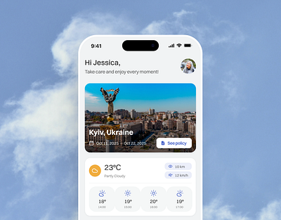 Travel Insurance App — Mobile UI/UX Design app blue design figma finance insurance minimalistic mobile modern nitenite orange policy support travel traveling typography ui ux violet weather
