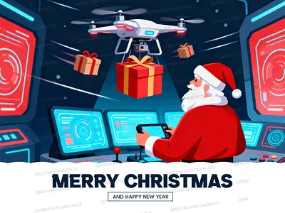 Santa Claus Controlling a Drone from a High Tech Command Center banner christmas christmas background christmas frame christmas ribbon christmas santa christmas snow christmas tree december facebook banner facebook cover facebook post happy holidays happy new year instagram post merry christmas new years santa santa claus xmas