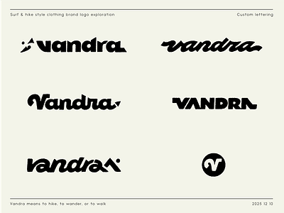 Vandra: surf/hike logo exploration authentic bold branding calligraphy clothing custom flow handlettering hike iconic identity lettering logo premium script standout surf type typography unique