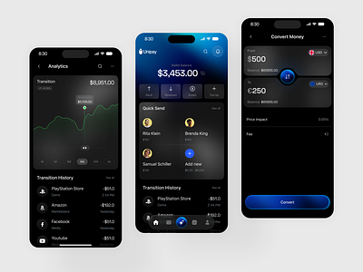 Unipay Wallet App | Fintech UI Design app app design banking app design dark mode finance app digital wallet app design finance app interaction design fintech app uiux mobile mobile app analytics dashboard mobile app design mobile banking app ui design modern fintech mobile app money transfer app interface payment app user interface product design wallet app ui
