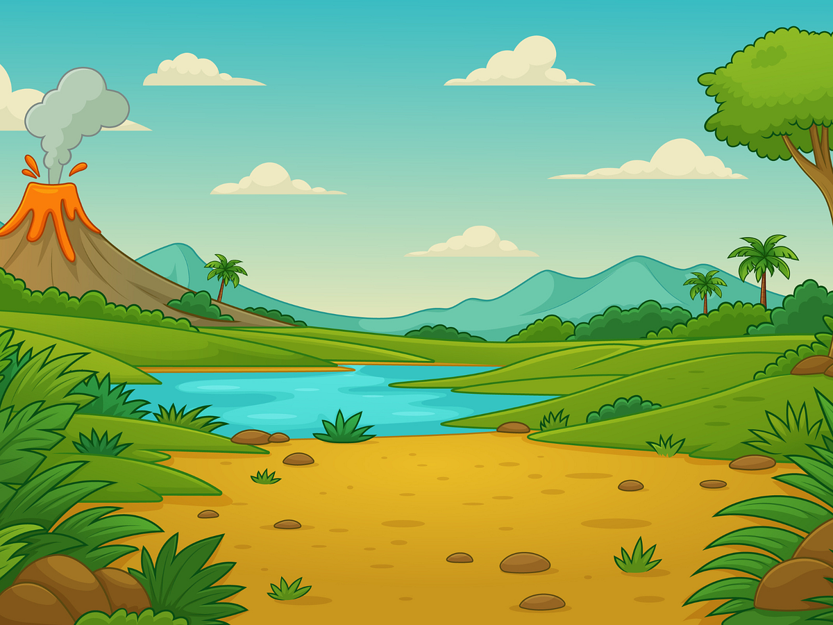 Nature Background With River And Mountains In Cartoon Style