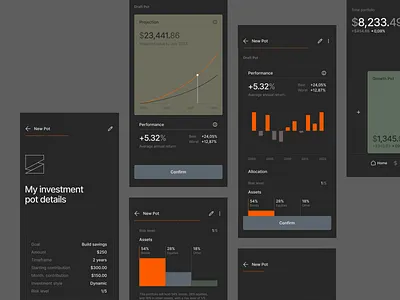 Investment app interaction android app cards clean ui dark interface design investment investment app investment application ios layout logo mobile mobile screens product design ui ui design ux