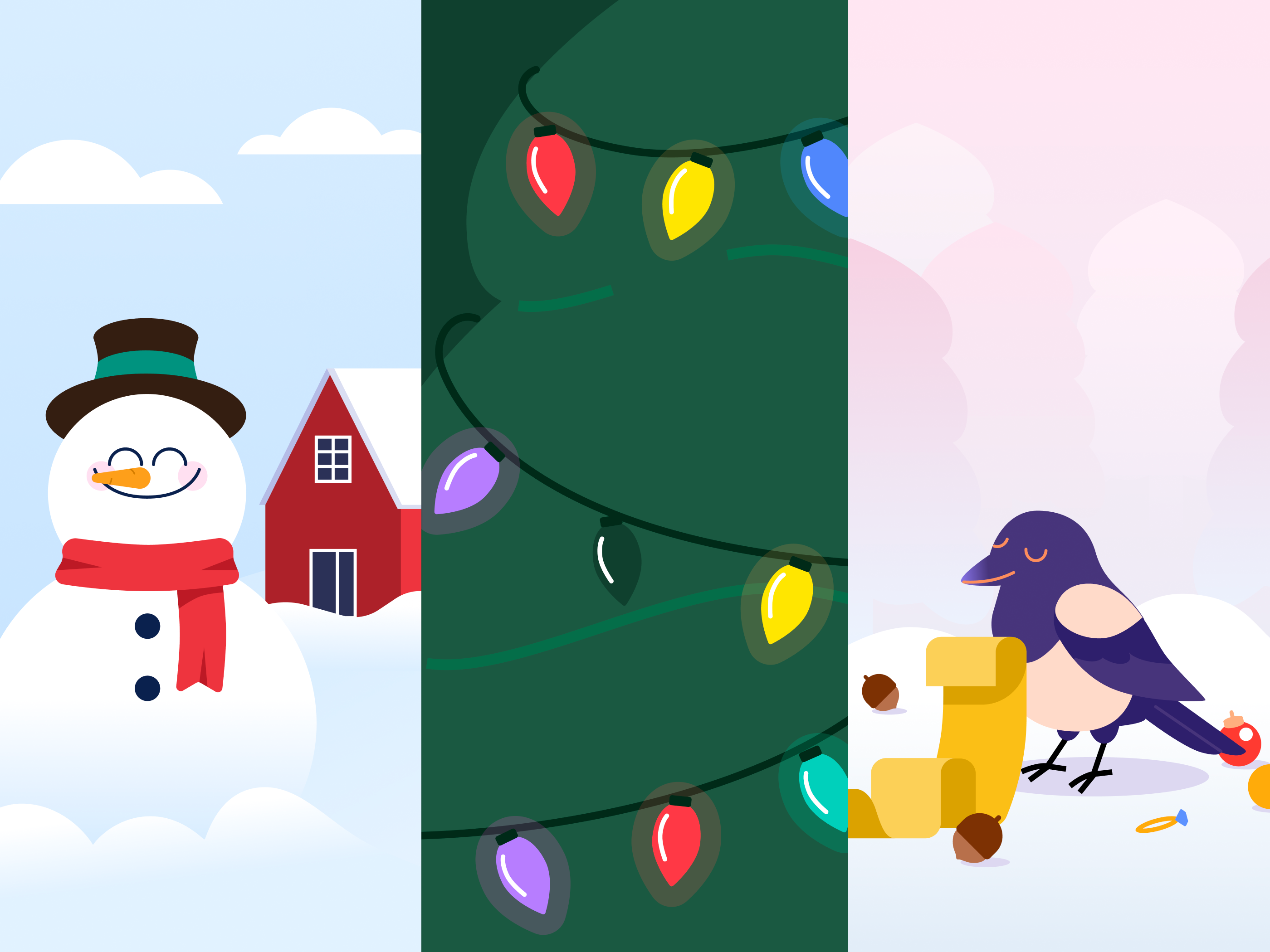 Christmas Advent Illustrations animation bird chair christmas festive flat graphic design house icon illustration light magpie night room snowman sofa tree xmas