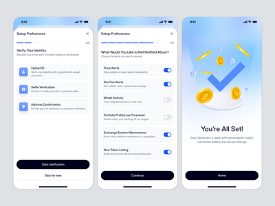 Crypto App: Setup Preferences & Onboarding Flow account setup app app design app design crypto crypto crypto app crypto ios crypto mobile crypto mobile app ios mobile app onboarding onboarding flow product design saas setup setup flow success success state uiux