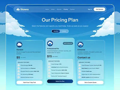 Stowra - Pricing Section for Landing Page 💷 cards clean cloud illustration landing modern orely page plans pricing saas storage toggle ui ux web website