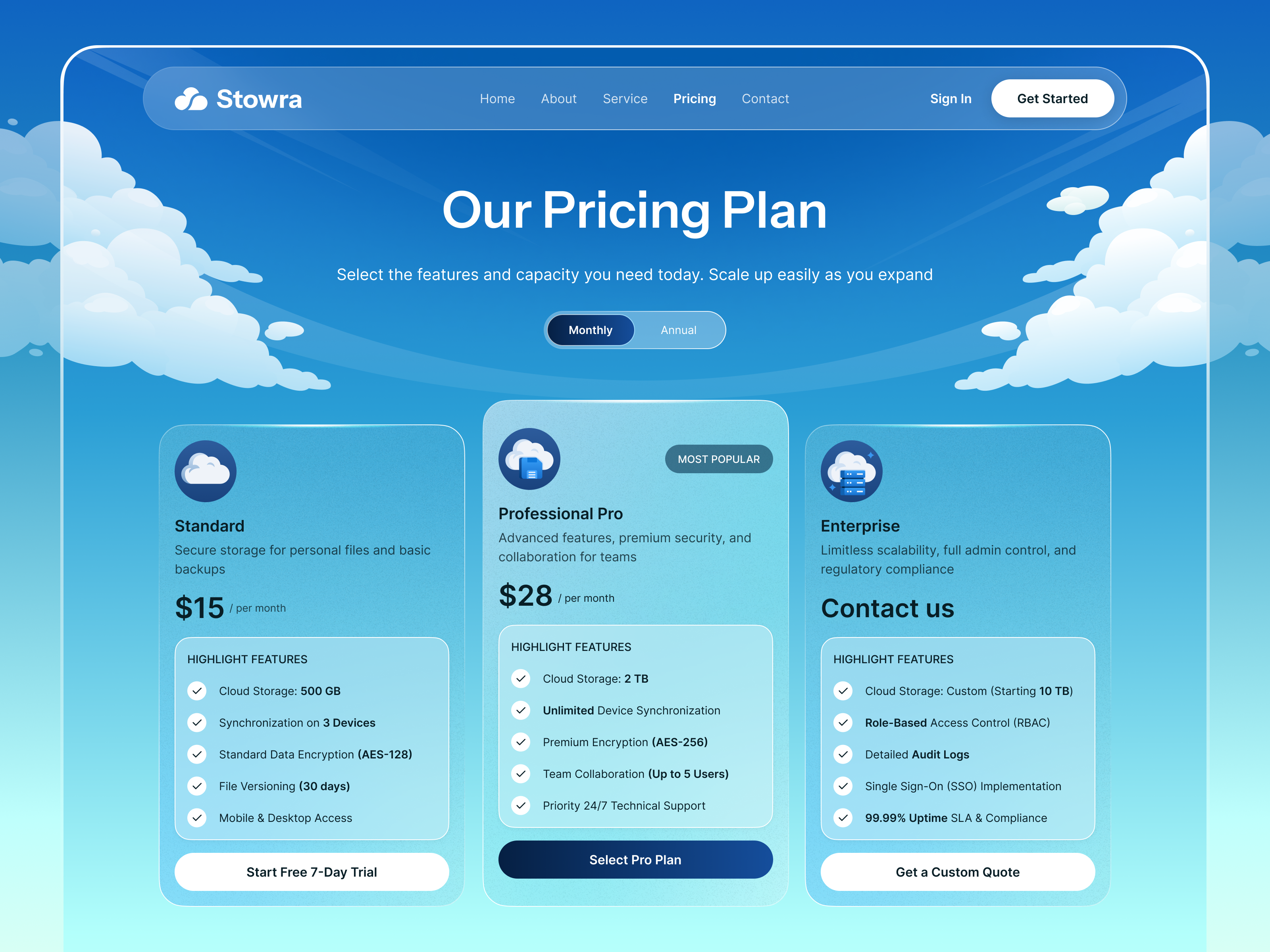 Stowra - Pricing Section for Landing Page 💷 cards clean cloud illustration landing modern orely page plans pricing saas storage toggle ui ux web website
