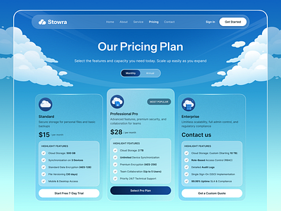 Stowra - Pricing Section for Landing Page 💷 cards clean cloud illustration landing modern orely page plans pricing saas storage toggle ui ux web website
