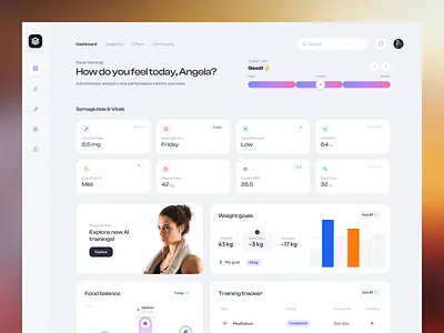 Sleek Health Dashboard UI for Personal Wellness Tracking clean dashboard data visualization engaging fitness dashboard health health metrics health tracking interactive intuitive layout personal wellness soft color palette telehealth telehealth dashboard training tracker weight goals weight loss app wellness wellness coach