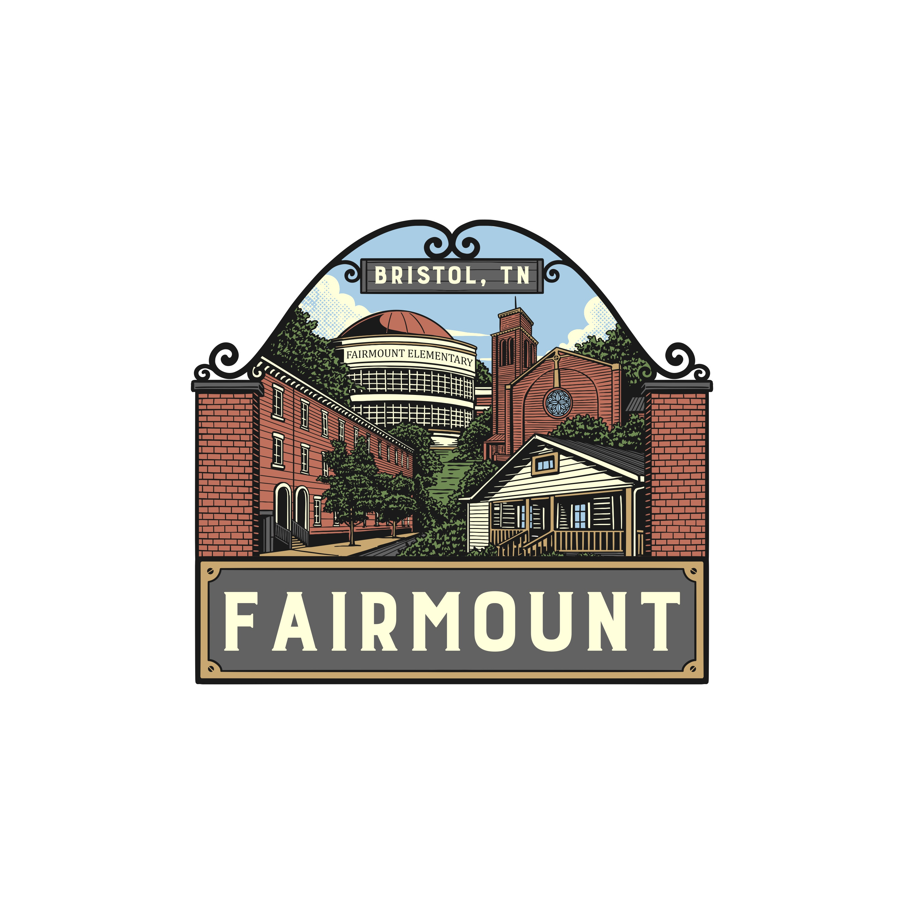 Fairmount – Bristol, TN architectural illustration community identity detailed vector art graphic design heritage design illustration logo landmark illustration neighborhood branding vintage badge design