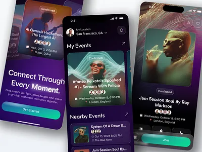 VibeConnect – Modern Event Discovery App UI ahmeruxui event app event booking event discovery event management event ui glassmorphism modern design music events social app