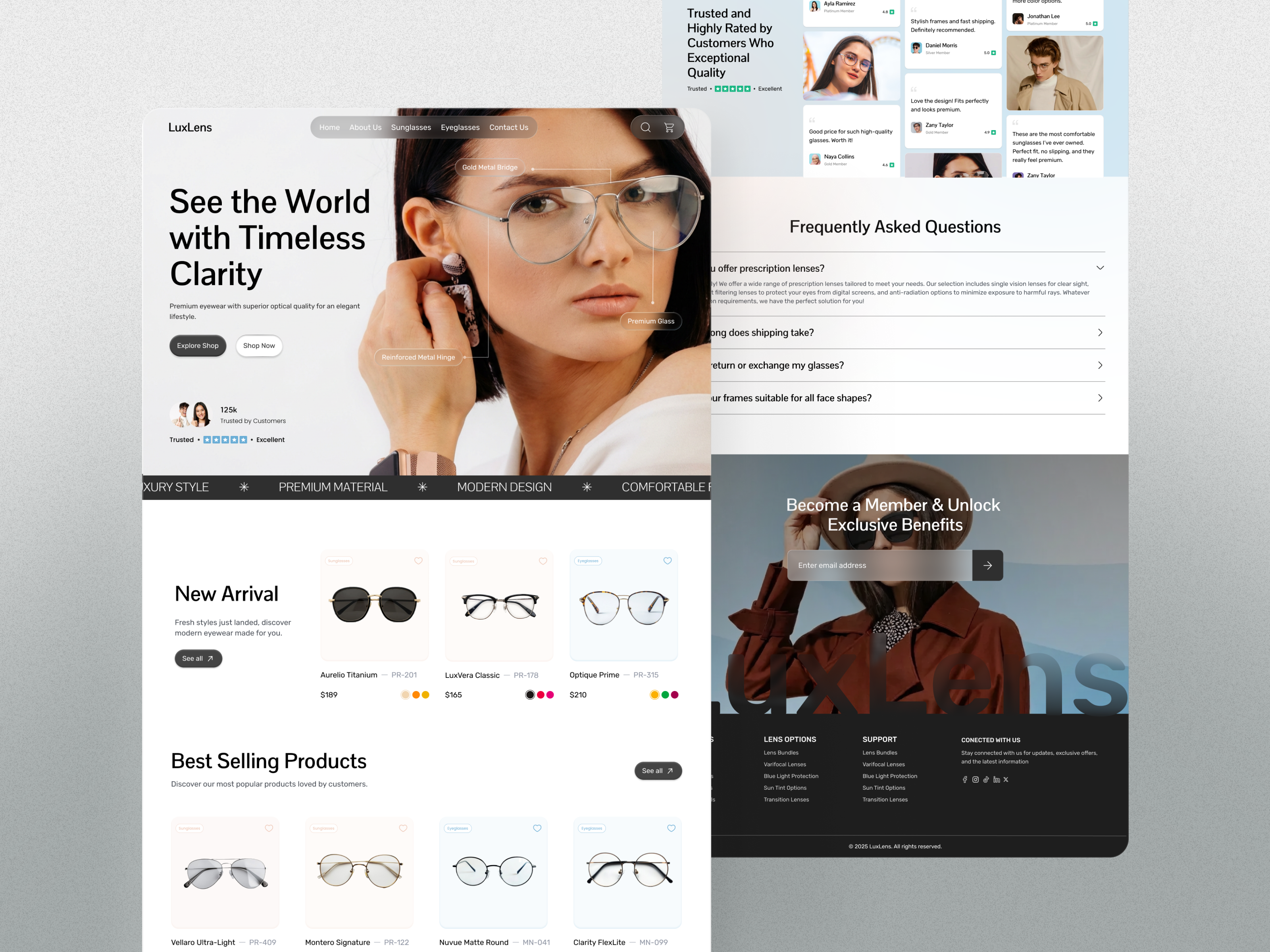 Sunglasses Store Landing Page Clean & Elegant Design digitalproductdesign eyeweardesign eyewearstore figmadesign landingpagedesign modernui productshowcase sunglassesstore ui uiuxdesign uxdesigninspiration visualdesign web design webui