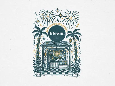 Bloom New Year's Eve Party 2025 2026 bloom boho cafe coffee shop disco disco ball festive fireworks halftone illustration island mauritius minimal new years eve nye palm trees party tropical