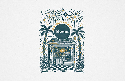 Bloom New Year's Eve Party 2025 2026 bloom boho cafe coffee shop disco disco ball festive fireworks halftone illustration island mauritius minimal new years eve nye palm trees party tropical