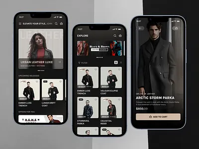 Dark mode - Leather Jacket Shopping App UI Design app concept ui apparel shopping clothing store app dark mode dark ui ecommerce ui fashion app fashion ecommerce jacket shopping leather jacket minimalist ui mobile app ui mobile fashion ui mobile interface modern dark ui premium fashion product showcase retail ui design shopping app design uiux design