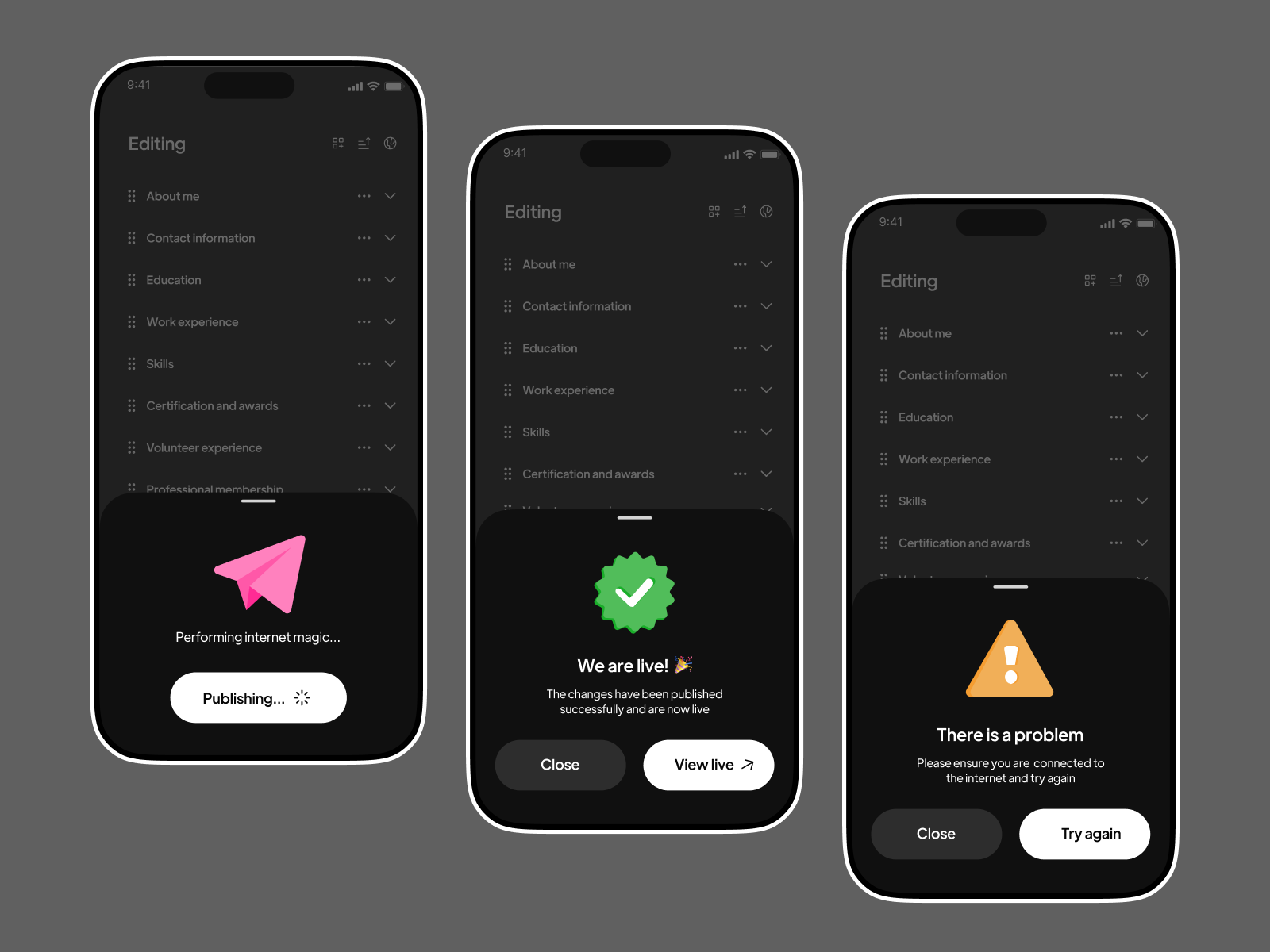 Resume Publishing App - Success, Error & Loading Screen app design dark mode design system dribbble interaction design interface inspiration micro interactions mobile app design mobile ui product design publishing flow ui animation ui design ui states ux design