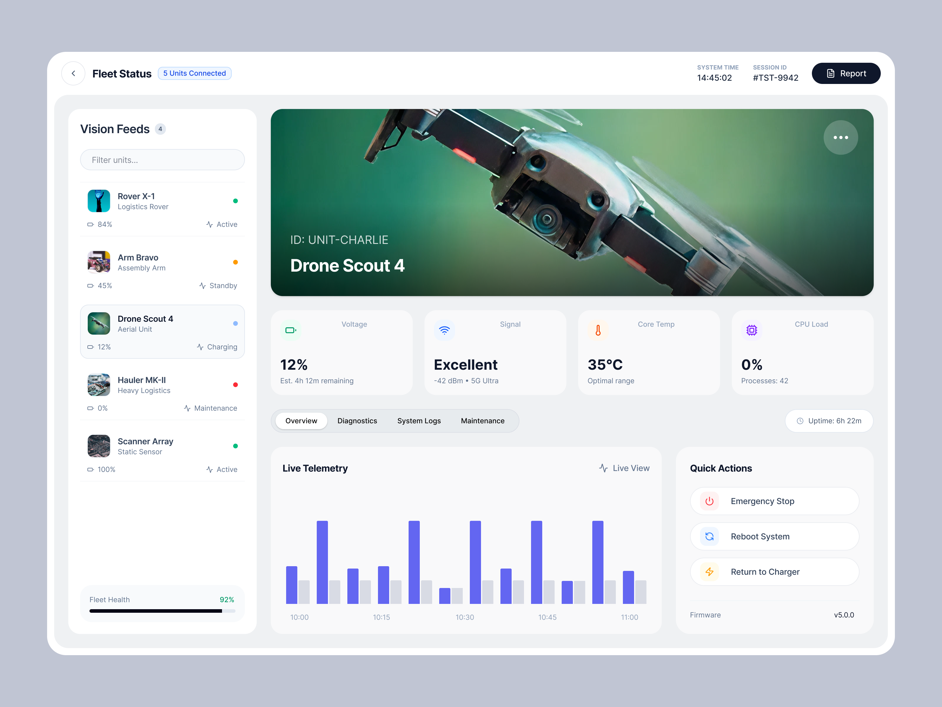 Robotics Fleet Management Dashboard analytics control dashboard data design drone fleet iot monitoring product realtime robotics saas sensors status system telemetry ui ux webapp