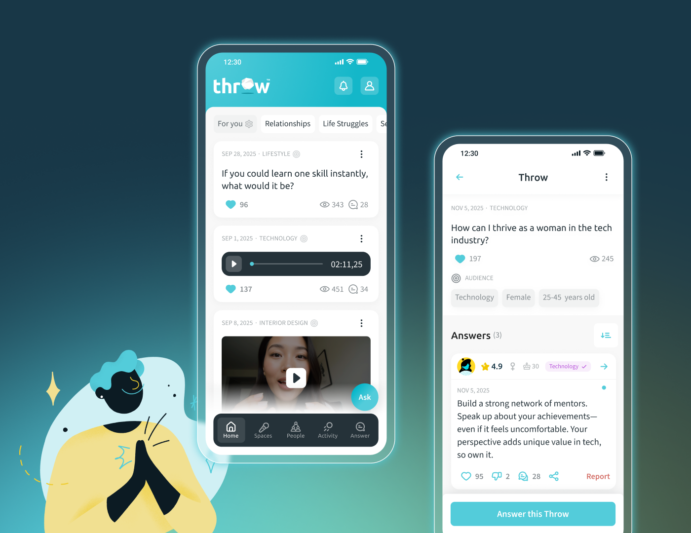 Throw — Social App Emotionally Accountable animations app authenticity calm design community digital products graphic design illustration interfaces mobile app motion graphics personal growth social app social platform soft palette throw ui wellbeing wellness z1