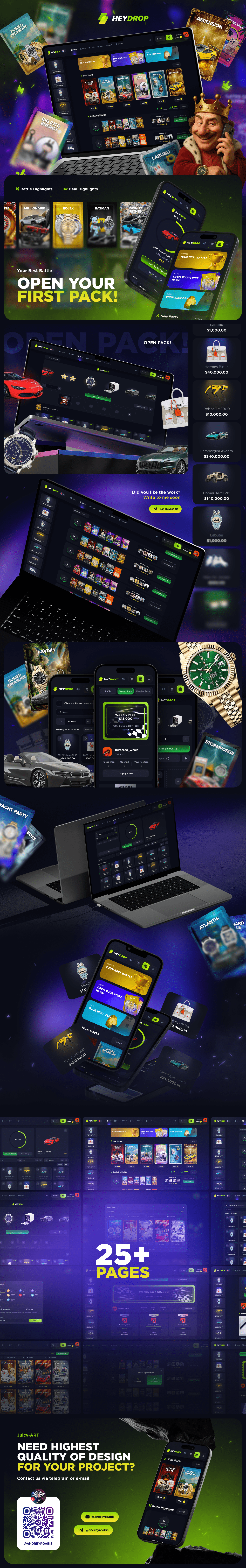 Hey Drop - Open Packs and Battle battles box boxes cases casino gambling game heydrop igaming juicyart lottery open packs pack draw skins uiux unboxing