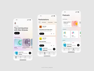 Radio & podcasts audio candy carousel design explore gradient interaction light media mobile player podcast radio soft ui ux white