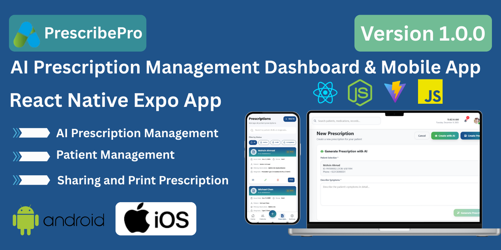PrescribePro - AI Prescription Manager ai powered prescription clinic management doctors e prescription full stack medical app medical software nodejs patient management prescription react native react.js