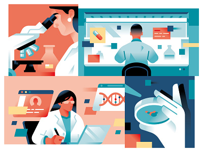 Dompé - Researchers dna doctor flat geometric health illustration laboratory medicine microscope pharma pill research