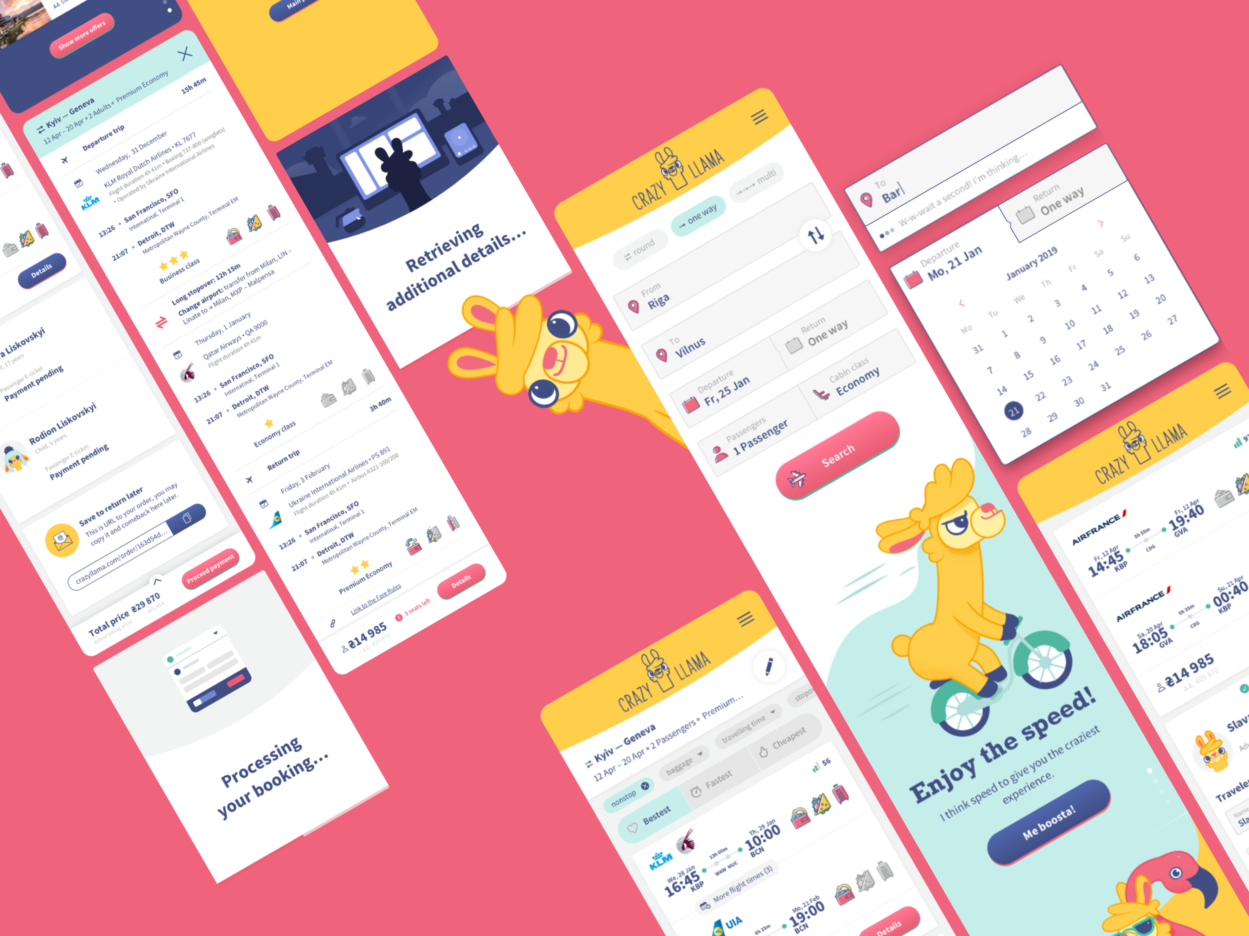 Crazy Llama Mobile adaptive booking cartoon character fun graphic design mobile search engine service travel ui ux web