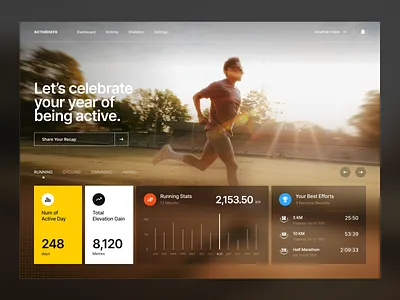 Year in Motion: Running Recap 2025 bold branding card clean dashboard design desktop recap records report run running stats strava typography ui ux website whitespace workout