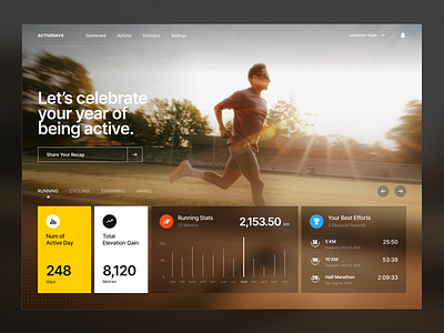 Year in Motion: Running Recap 2025 bold branding card clean dashboard design desktop recap records report run running stats strava typography ui ux website whitespace workout