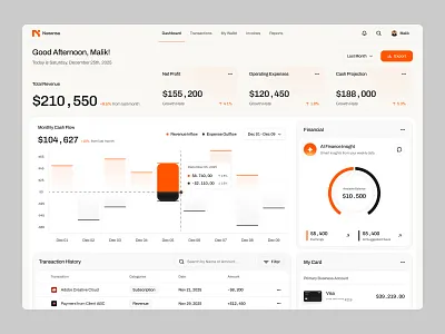 Nueansa - AI Fintech Dashboard analytics dashboard bank business analytics clean ui dashboard design data visualization expense monitoring finance dashboard finance management finance tools fintech ui interface design minimal design modern ui product design revenue tracking saas dashboard transaction history ui design web dashboard