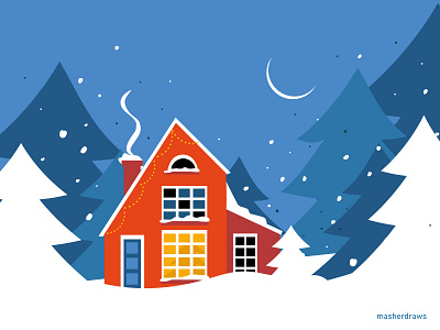 Cozy red winter house branding christmas cozy aesthetic cozy winter december vibes flat illustration forest holiday design house illustration new year night red house seasonal artwork snow snowy scene vector window winter illustration winter landscape