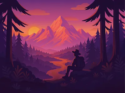At sunset of the day adobeillustrator character colors forest illustration illustrator man mountain nature pink purple river sunset vector wood