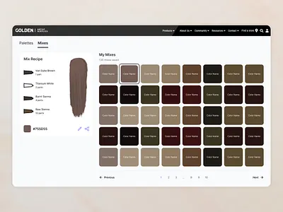 Artist Color Mixing Dashboard – UI/UX Design acrylics app artists black color palettes colors designers ecommerce generate grid list mixer paints shades store tool ui ux web website