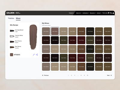 Artist Color Mixing Dashboard – UI/UX Design acrylics app artists black color palettes colors designers ecommerce generate grid list mixer paints shades store tool ui ux web website